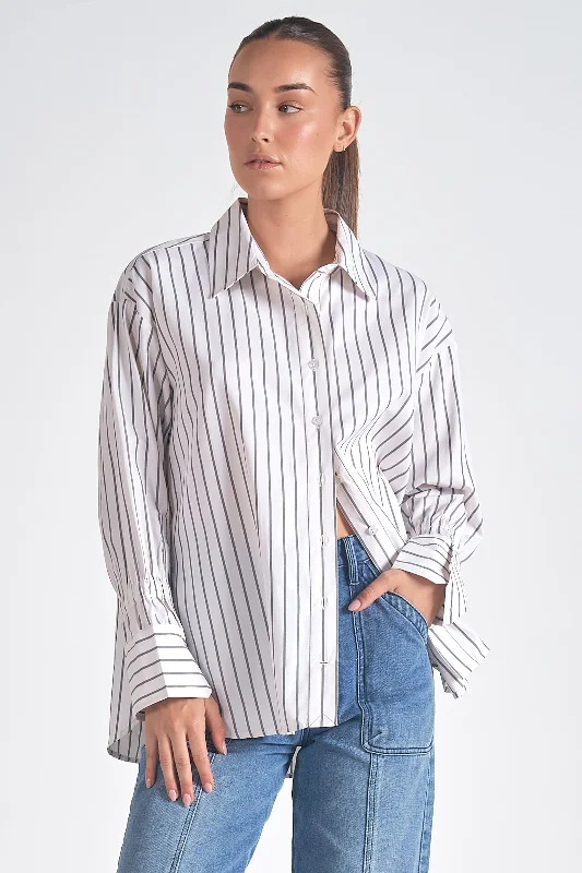 Collared Button Down Striped Top Elegant Women's 
