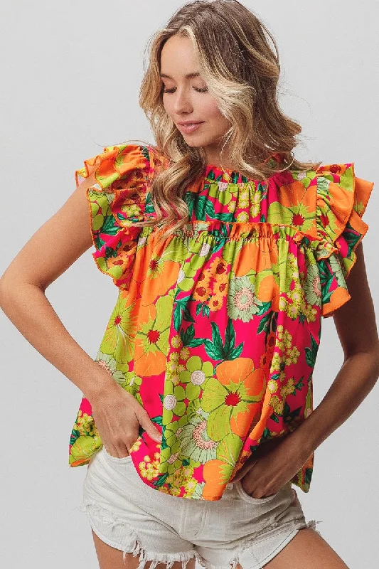 Bright Floral Ruffle Blouse Modern Women's 