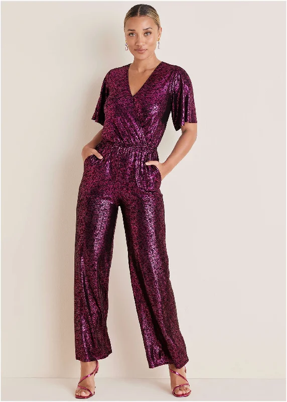 Metallic Flutter Sleeve Jumpsuit - Vivacious Gym