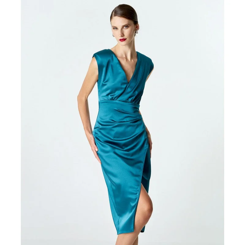 Access Fashion Petrol Sleeveless Satin Wrap Dress Cozy Women's Sherpa - lined