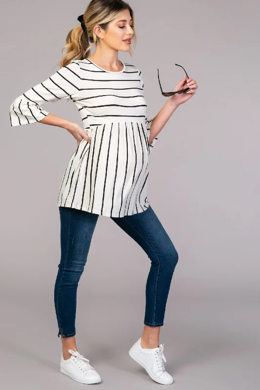 PinkBlush Ivory Striped Peplum Ruffle Maternity Top Classic Women's Pin - striped