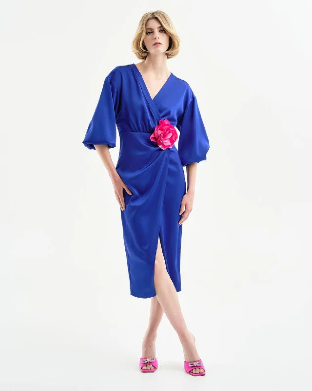 Access Fashion Blue Wrap Midi Satin Dress With Pleats Confident Women's High - fashion