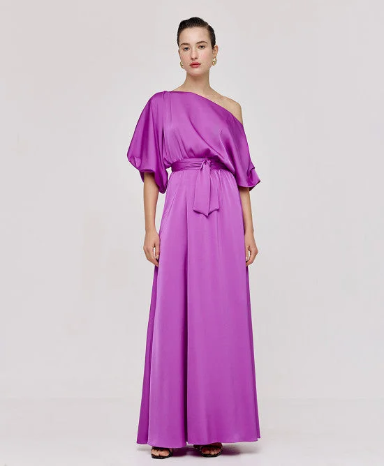 Access Fashion Violet Satin Dress With Asymmetric Sleeves Dapper Women's Bow - adorned