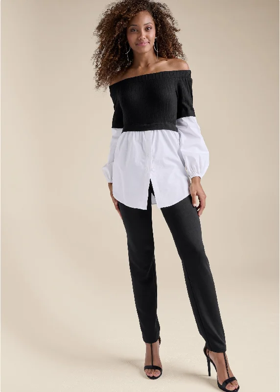 Layered Shirting Jumpsuit - Black & White Sharp Women's Italian