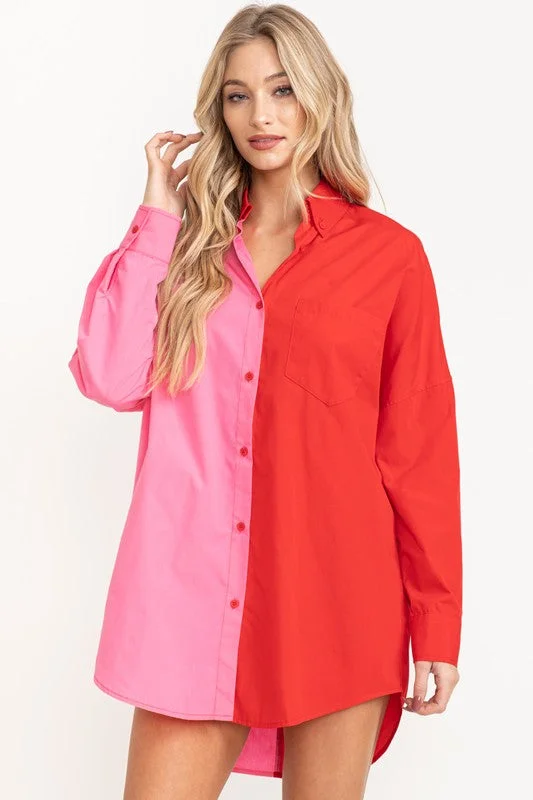 Keep It Up Red and Pink Color Block Button Down Shirt Business