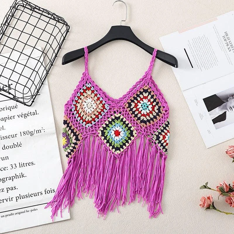 Handmade Bohemian Crochet Design Camisole, Purple Cool Women's Distressed
