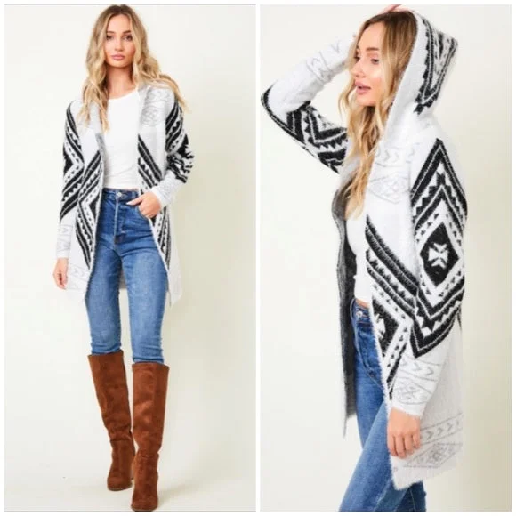 Fuzzy Soft Knit Hooded Long Sleeve Aztec Tribal Native Western Cardigan Sweater Preppy Women's College