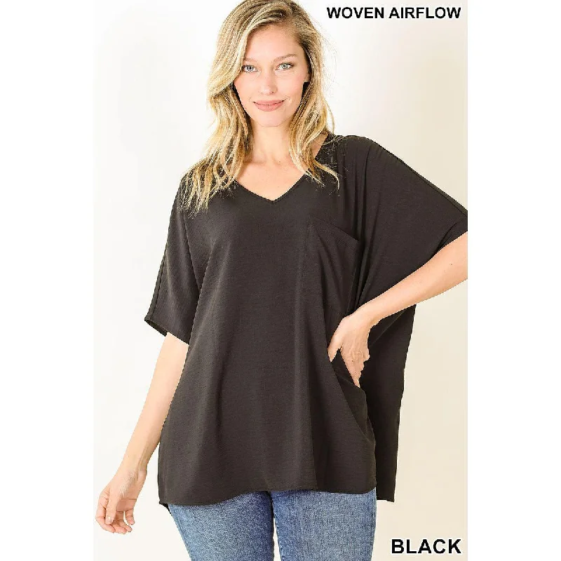Woven Airflow V-Neck Dolman Short Sleeve Top, Black Hip Women's Urban