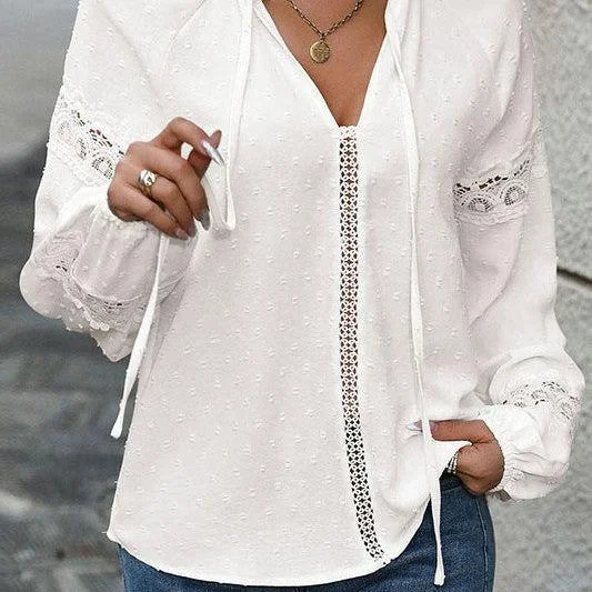 Long Sleeved Patchwork Jacquard Shirt, White Sophisticated Women's 