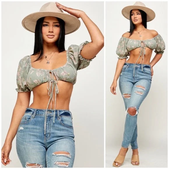 Sage Floral Cropped Off/On The Shoulder Tie Front Short Sleeve Top Casual Womens Cool Women's Skate