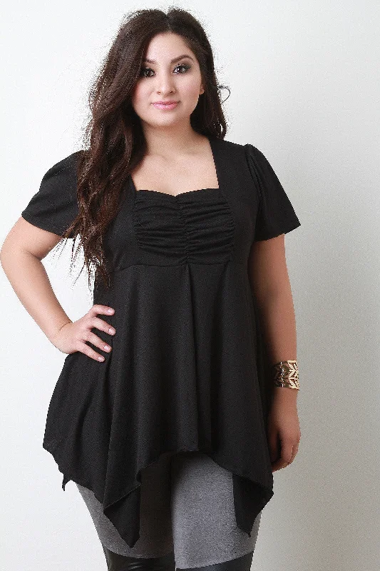 Back Tie Cinched Short Sleeves Handkerchief Hem Peasant Top Practical Women's Quick - dry